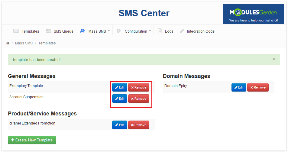 SMS Center 2.X For WHMCS: Mass SMS Templates list with the success message and Edit and Remove buttons