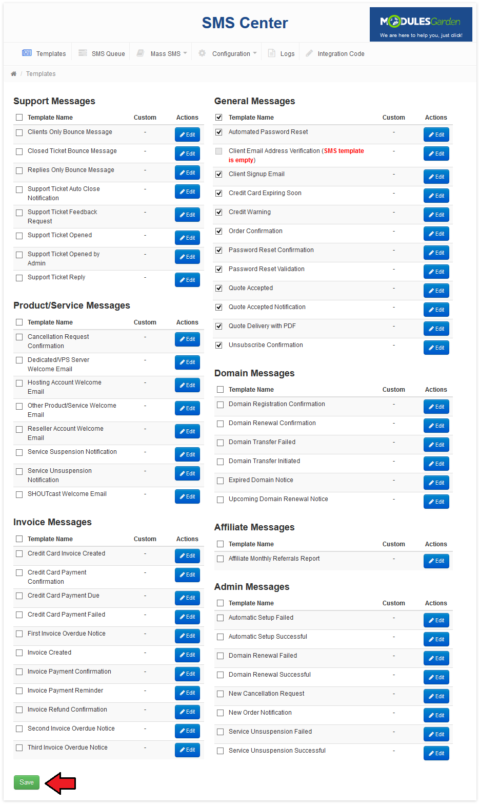 SMS Center 2.X For WHMCS: Templates page with message groups, enable checkboxes, Edit buttons and Save button