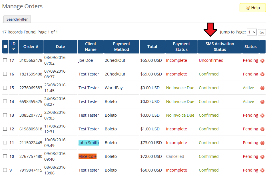 SMS Center 2.X For WHMCS: WHMCS Manage Orders list with the SMS Activation Status column, Confirmed and Unconfirmed