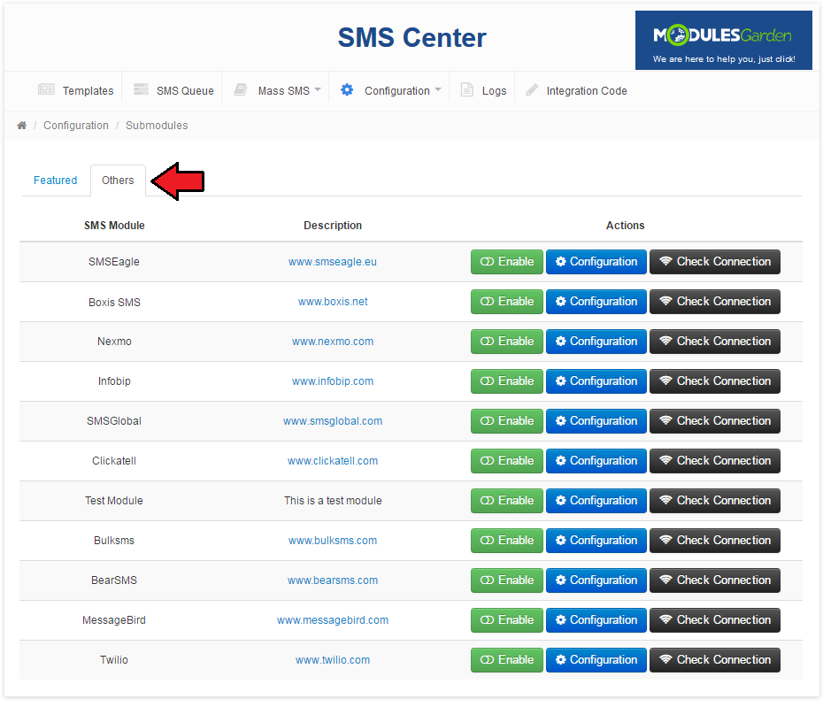 SMS Center 2.X For WHMCS: Submodules Others tab listing SMS gateways with Enable, Configuration, Check Connection