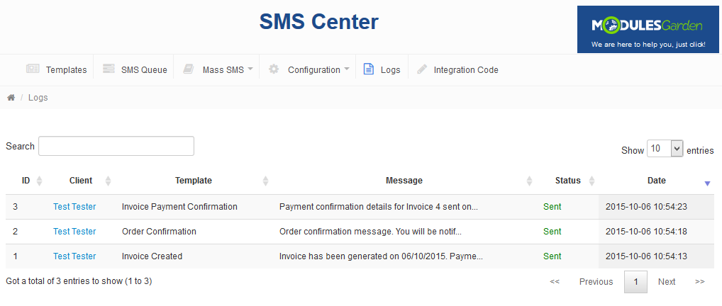 SMS Center 2.X For WHMCS: Logs tab in the SMS Center admin area listing sent messages with client, template and status