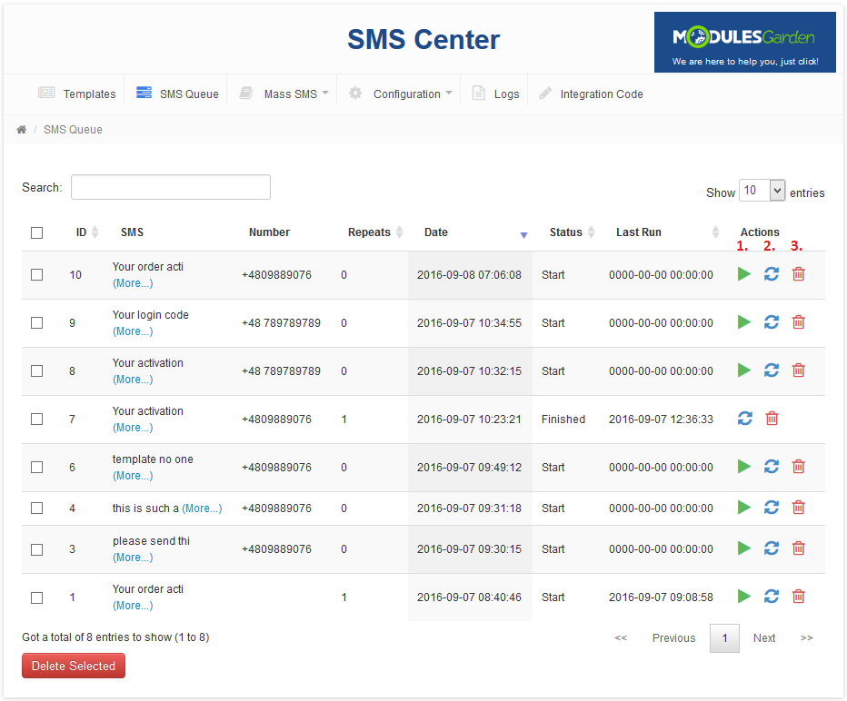 SMS Center 2.X For WHMCS: SMS Queue list with the send, reload and delete action icons for each message