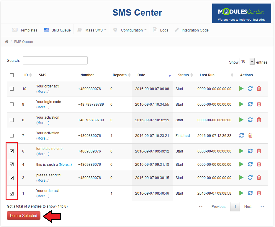 SMS Center 2.X For WHMCS: SMS Queue list with several messages selected and the Delete Selected button