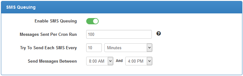 SMS Center 2.X For WHMCS: SMS Queuing section with message limit per cron run, retry interval and sending hours
