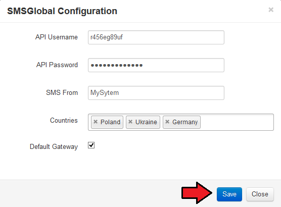 SMS Center 2.X For WHMCS: SMSGlobal gateway configuration window with API credentials, countries and Default Gateway