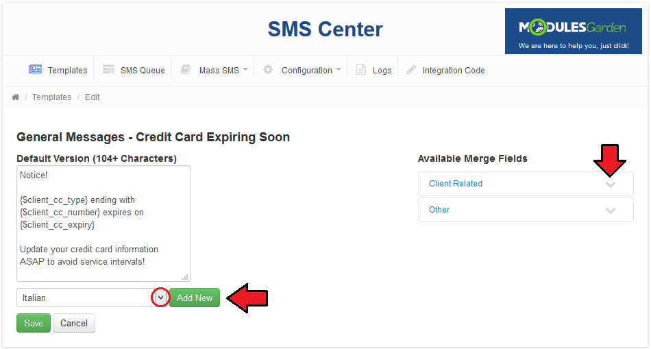 SMS Center 2.X For WHMCS: template edit page with the language dropdown set to Italian and the Add New button