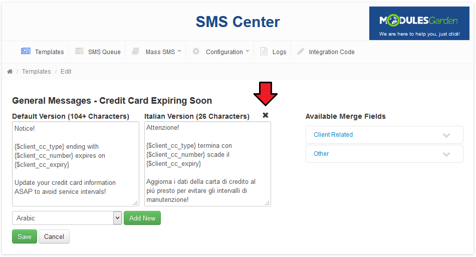 SMS Center 2.X For WHMCS: template edit page with default and Italian message versions and the remove icon for the