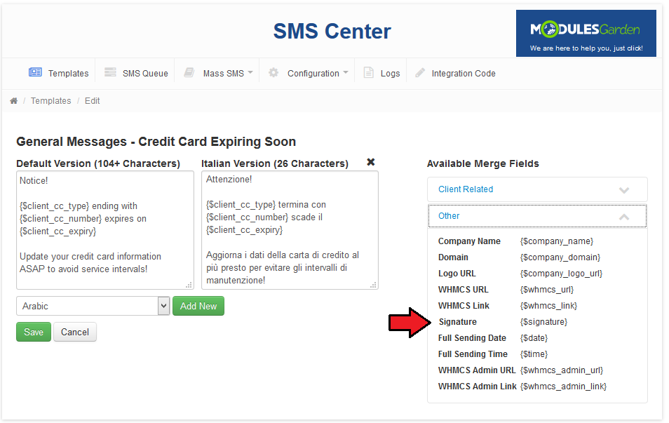 SMS Center 2.X For WHMCS: template edit page with the Other merge fields list expanded next to the message versions