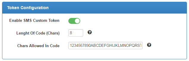 SMS Center 2.X For WHMCS: Token Configuration section with custom token enabled, code length and allowed characters