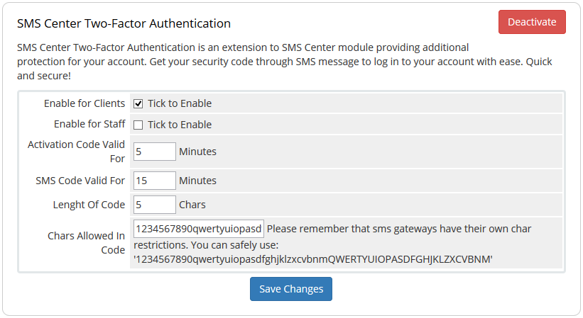SMS Center 2.X For WHMCS: SMS Center Two-Factor Authentication settings with code validity, length and allowed