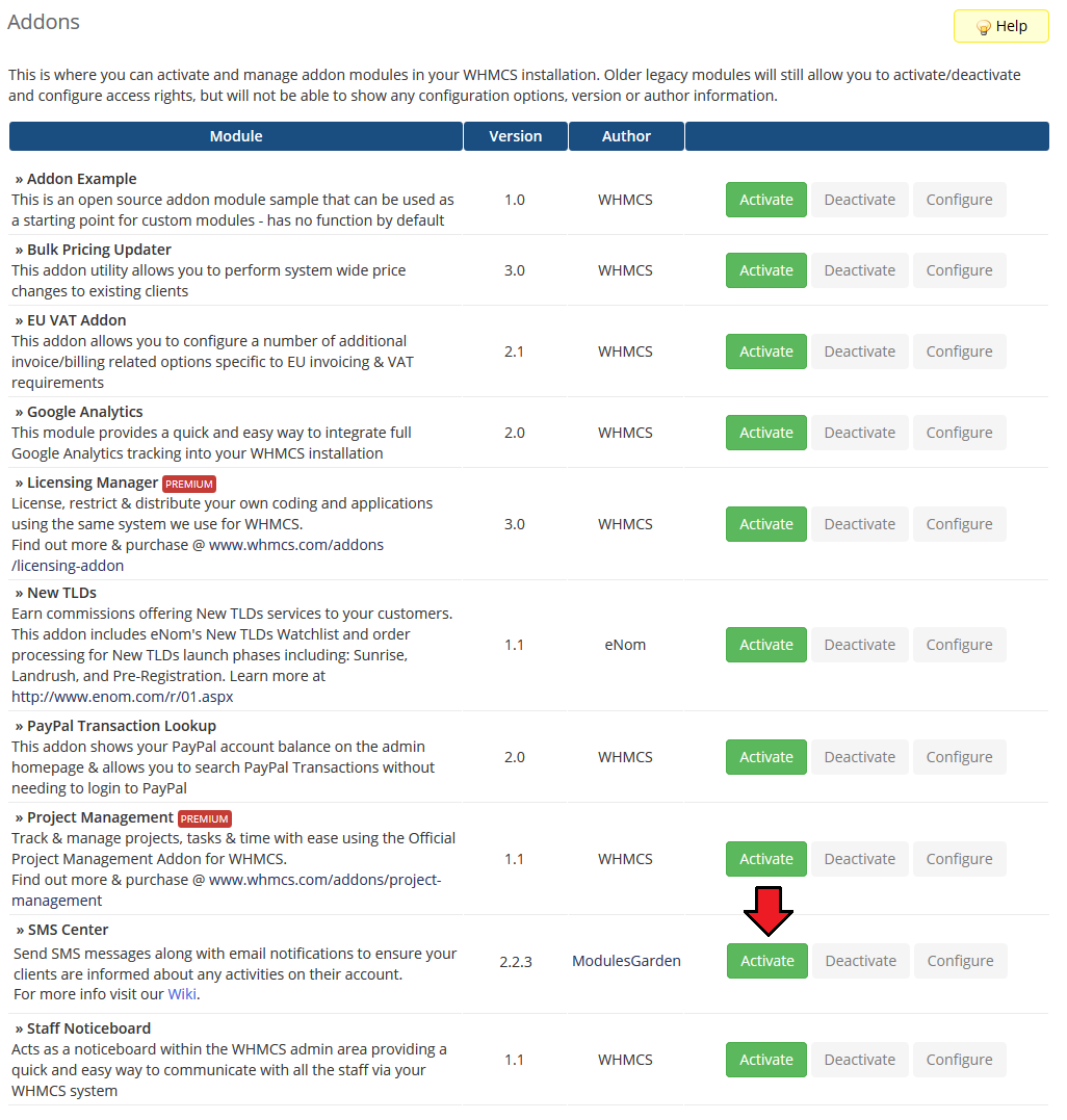 SMS Center 2.X For WHMCS: WHMCS Addon Modules list with the Activate button next to SMS Center