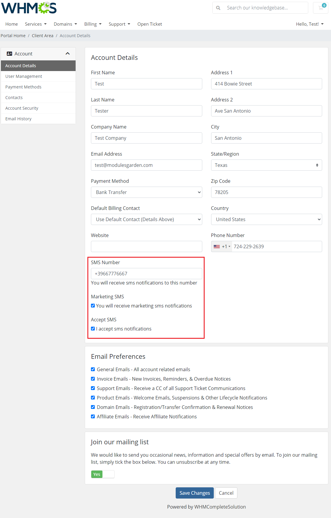 SMS Center For WHMCS: WHMCS client area Account Details with SMS Number, Marketing SMS and Accept SMS fields