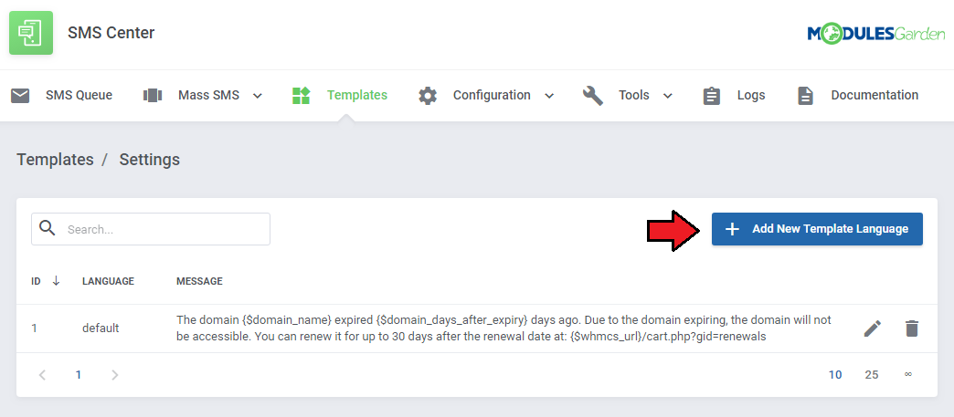 SMS Center For WHMCS: template language list with the Add New Template Language button