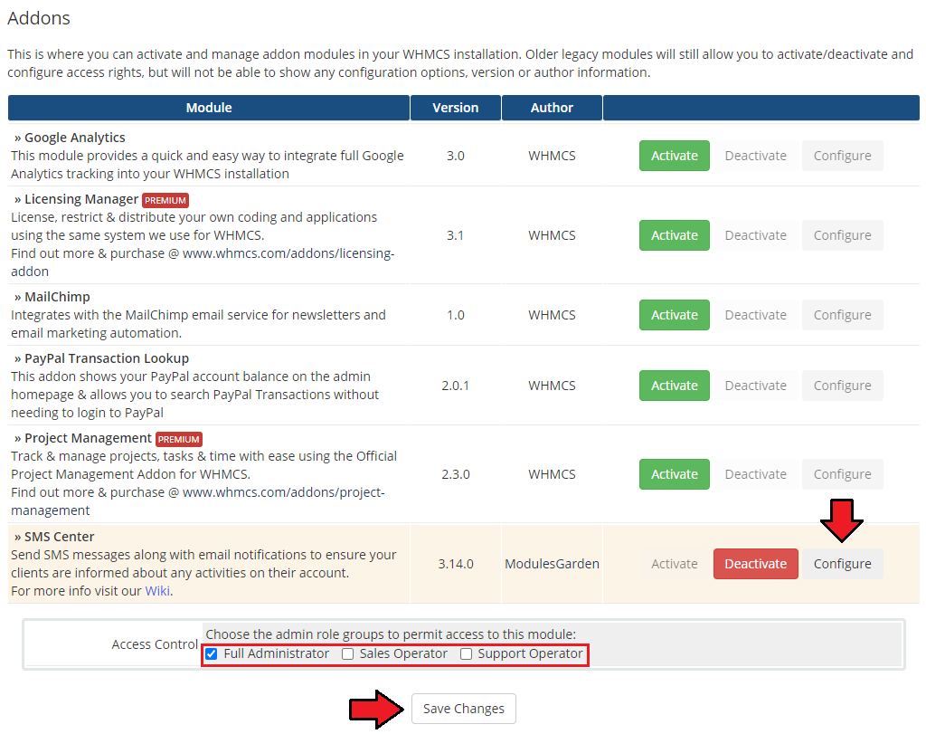 SMS Center For WHMCS: WHMCS Addon Modules list with the Configure button and admin role access control checkboxes