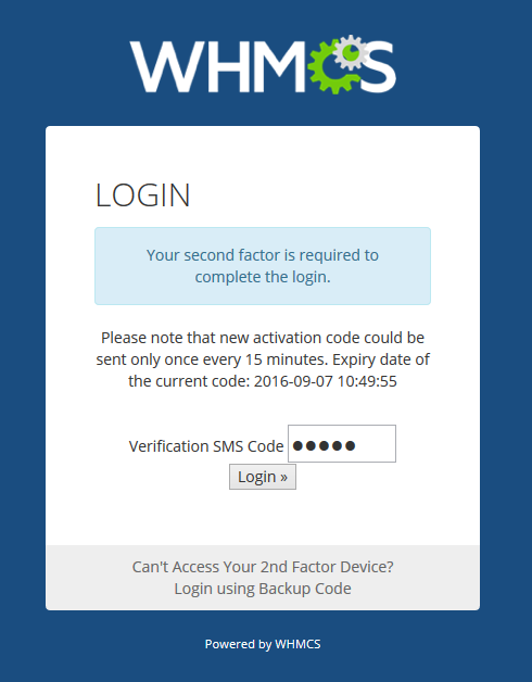 SMS Center For WHMCS: WHMCS admin login page asking for the verification SMS code and backup code link