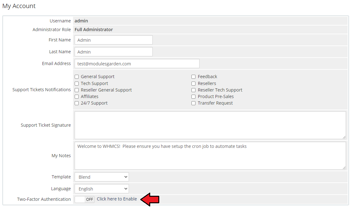 SMS Center For WHMCS: WHMCS admin My Account page with the Two-Factor Authentication enable switch