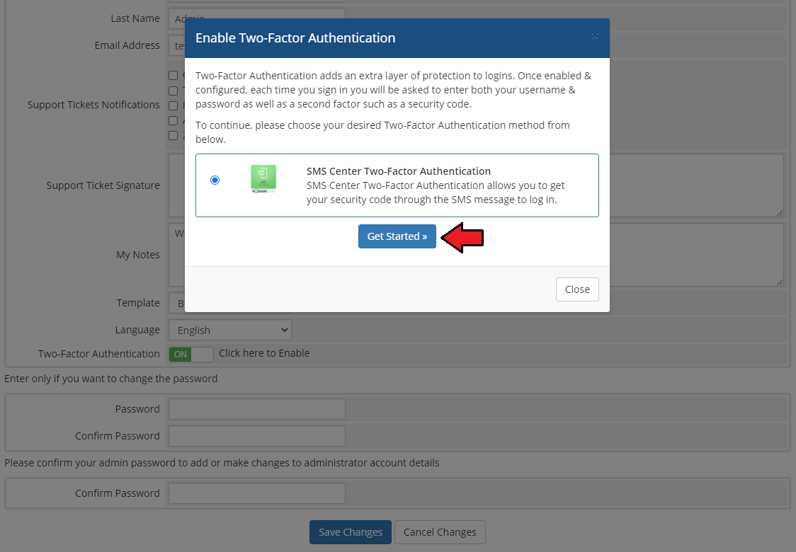 SMS Center For WHMCS: WHMCS admin Enable Two-Factor Authentication dialog with SMS Center option and Get Started