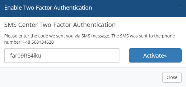 SMS Center For WHMCS: admin two-factor dialog showing the phone number and a field for the SMS code