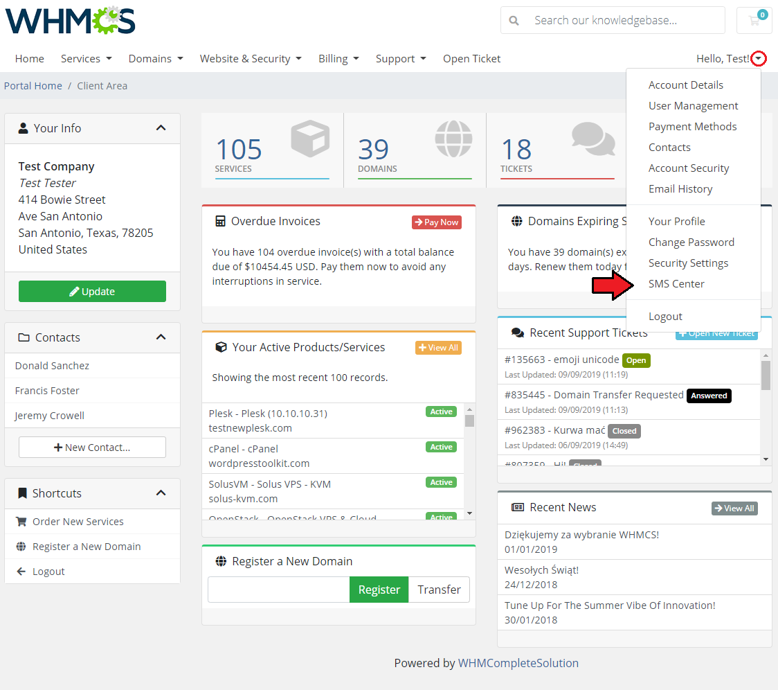 SMS Center For WHMCS: WHMCS client area account menu with the SMS Center entry highlighted by an arrow