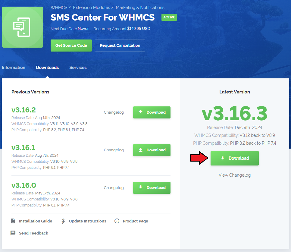 SMS Center For WHMCS: client area product Downloads tab with the Download button for the latest module version