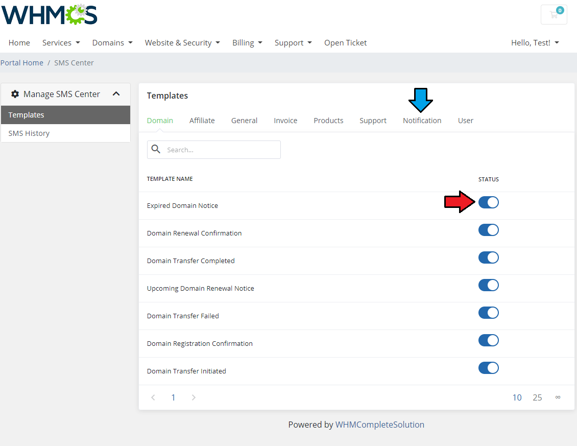SMS Center For WHMCS: WHMCS client area SMS Center Templates page with notification toggles for each template