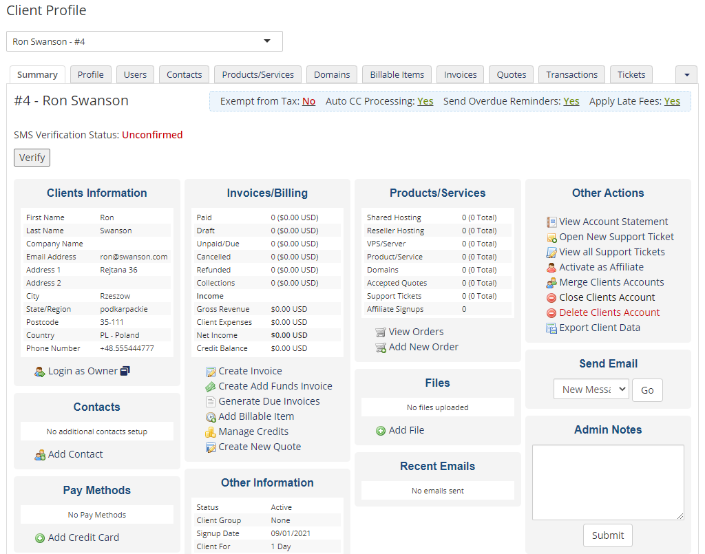 SMS Center For WHMCS: WHMCS admin client profile showing the SMS Verification Status as Unconfirmed with the Verify