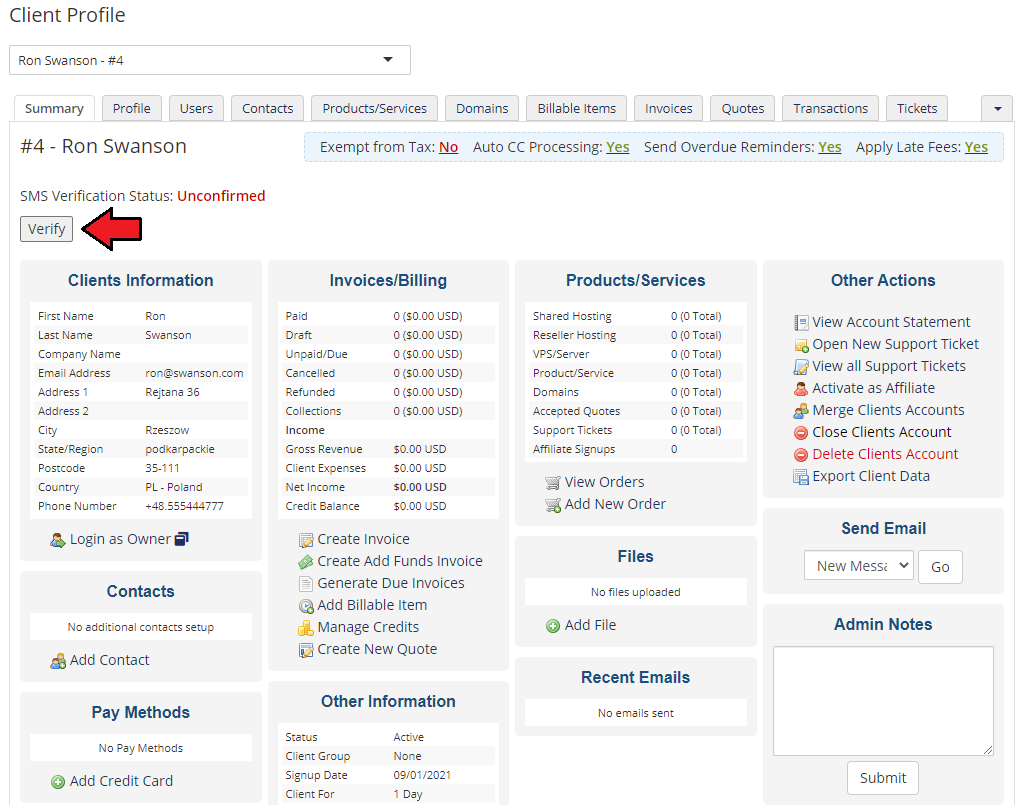 SMS Center For WHMCS: WHMCS admin client profile with the Verify button highlighted for manual verification