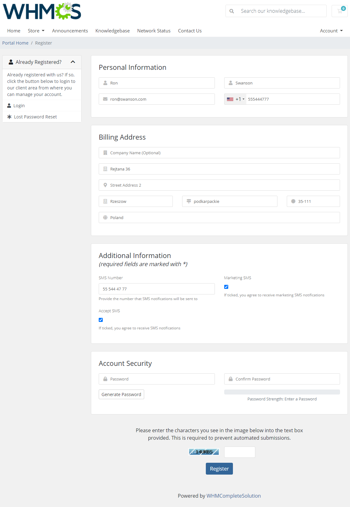 SMS Center For WHMCS: WHMCS client registration form with SMS Number, Accept SMS and Marketing SMS checkboxes