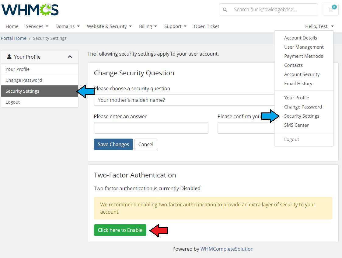 SMS Center For WHMCS: WHMCS client area Security Settings page with the Click here to Enable button for two-factor
