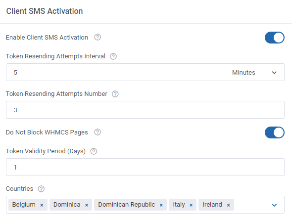SMS Center For WHMCS: Client SMS Activation section with token resending, validity period and countries settings