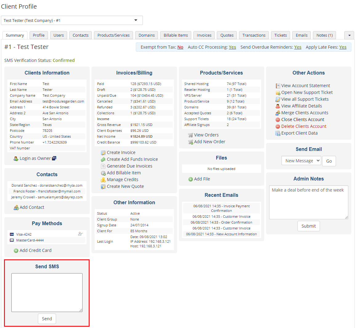 SMS Center For WHMCS: WHMCS admin client profile summary with the Send SMS box and Send button
