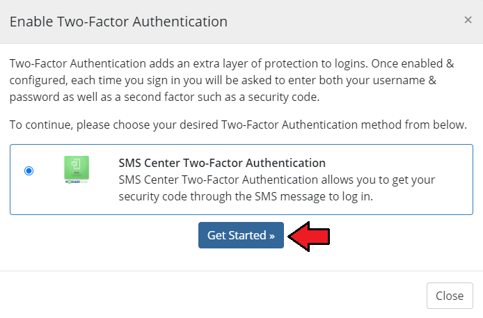 SMS Center For WHMCS: Enable Two-Factor Authentication dialog with SMS Center option and Get Started button