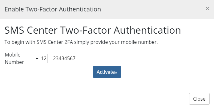 SMS Center For WHMCS: SMS Center Two-Factor Authentication dialog asking the client for a mobile number