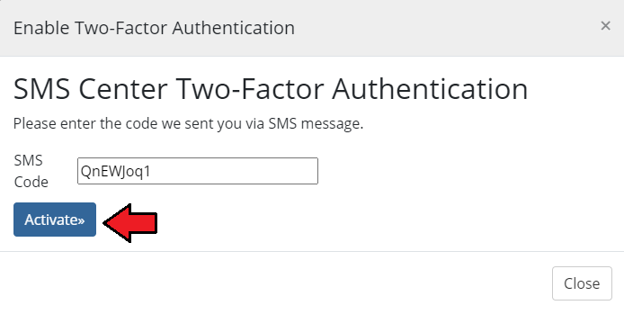 SMS Center For WHMCS: two-factor dialog asking the client for the SMS code with the Activate button