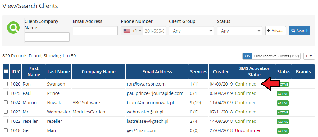 SMS Center For WHMCS: WHMCS admin client list with the SMS Activation Status column showing Confirmed