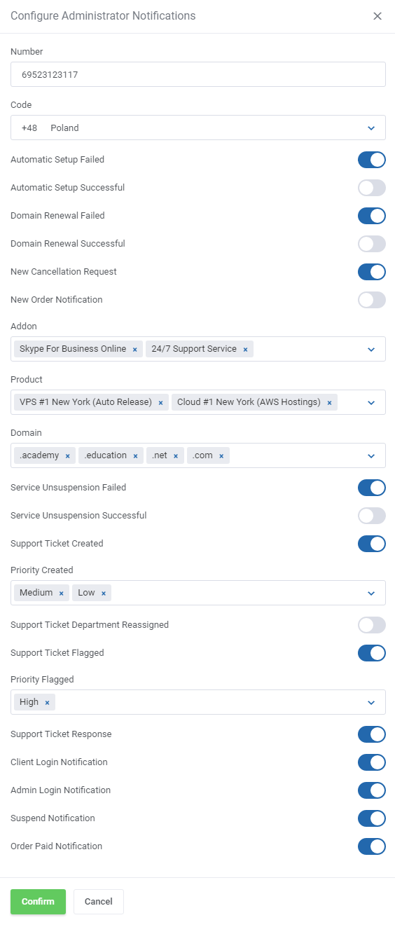SMS Center For WHMCS: Configure Administrator Notifications form with number, code, event toggles and priority