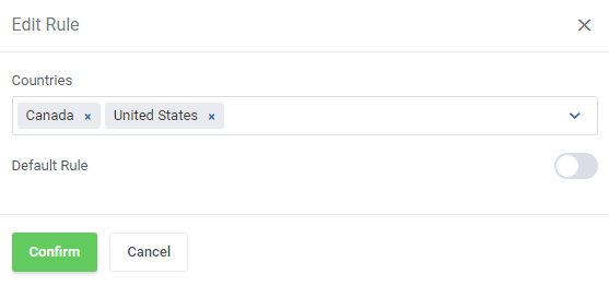 SMS Center For WHMCS: Edit Rule window with the Countries field and the Default Rule switch