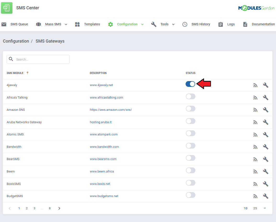 SMS Center For WHMCS: SMS Gateways list with the status toggle switched on to enable a gateway
