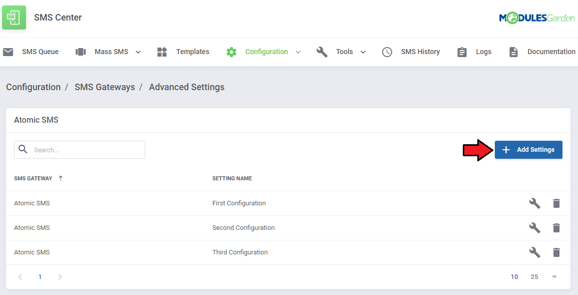 SMS Center For WHMCS: Advanced Settings list for the Atomic SMS gateway with the Add Settings button