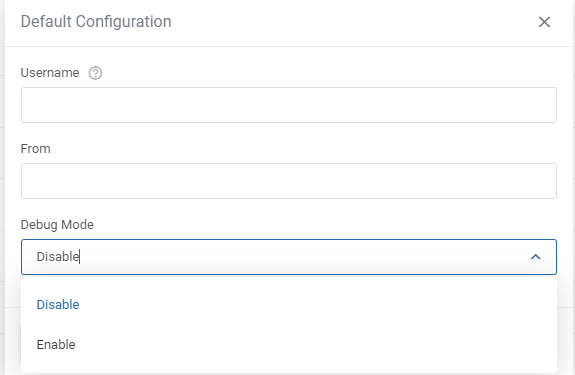 SMS Center For WHMCS: gateway Default Configuration dialog with Username, From and Debug Mode fields