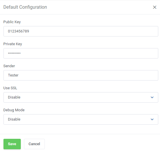 SMS Center For WHMCS: Default Configuration form with public key, private key, sender, SSL and debug mode fields