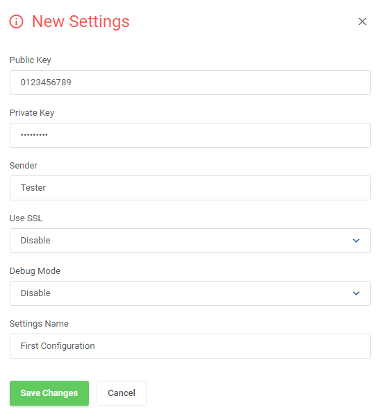 SMS Center For WHMCS: New Settings form for a gateway with credentials fields and the Settings Name field
