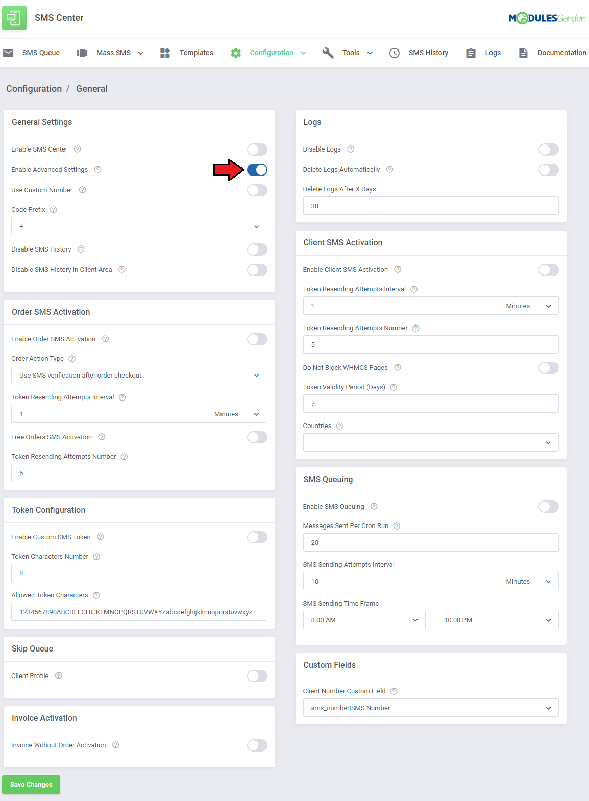SMS Center For WHMCS: General configuration page with the Enable Advanced Settings switch turned on