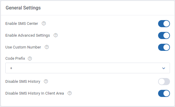 SMS Center For WHMCS: General Settings section with Use Custom Number enabled and the Code Prefix field
