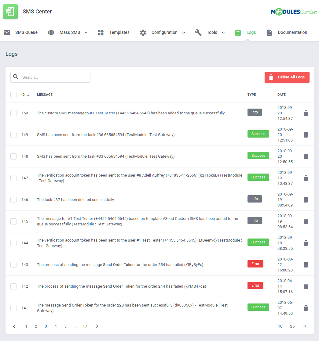 SMS Center For WHMCS: Logs page listing messages sent automatically with type labels and dates