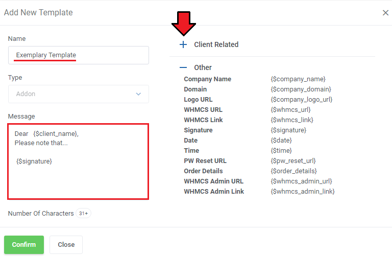 SMS Center For WHMCS: Add New Template dialog for a mass SMS with name, message field and variables list
