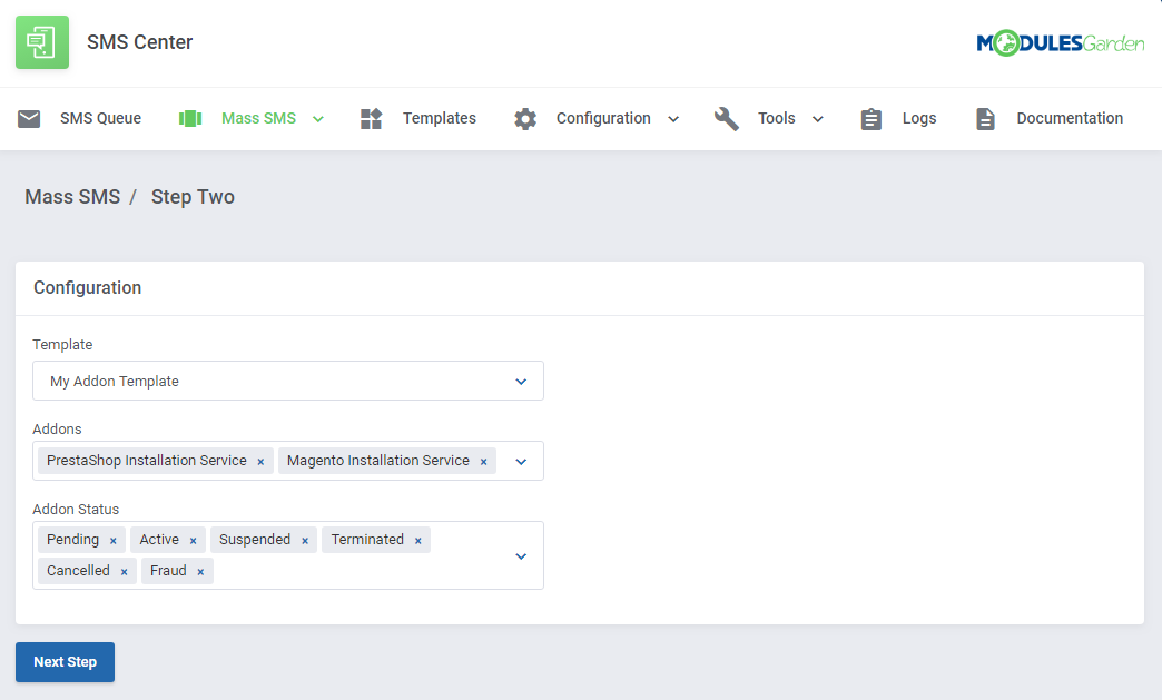 SMS Center For WHMCS: Mass SMS step two with addon template, selected addons and addon status filters