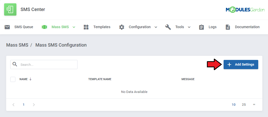 SMS Center For WHMCS: empty Mass SMS Configuration list with the Add Settings button