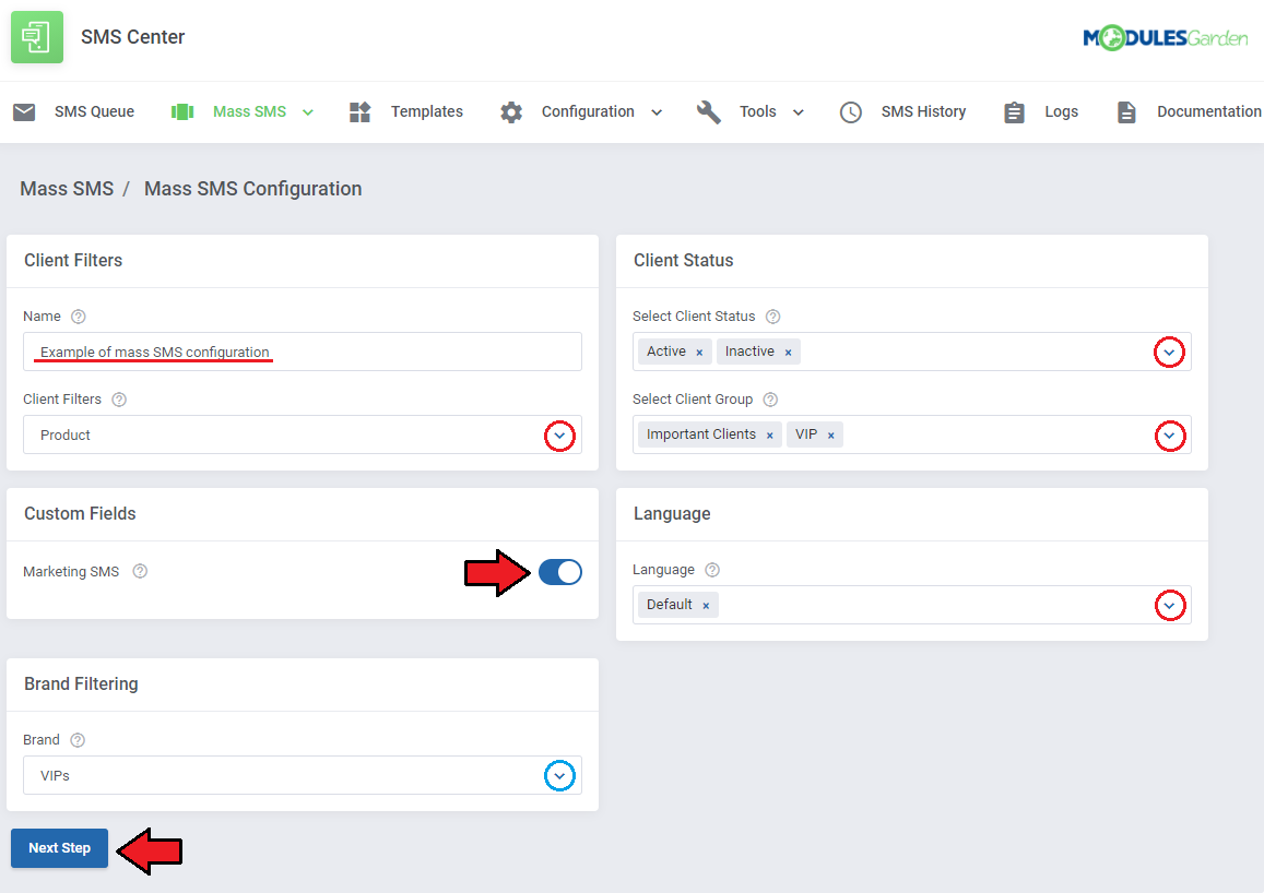SMS Center For WHMCS: Mass SMS Configuration form with client filters, client status, language and brand sections