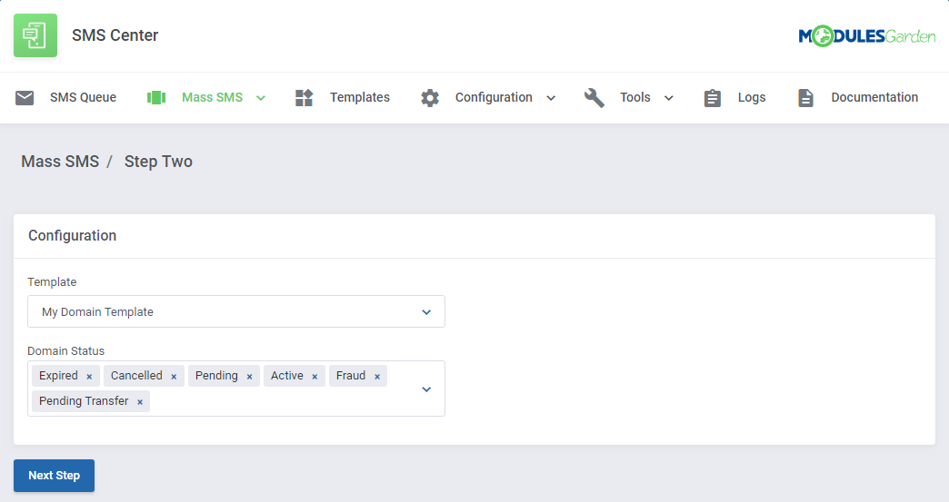 SMS Center For WHMCS: Mass SMS step two with domain template and domain status filters